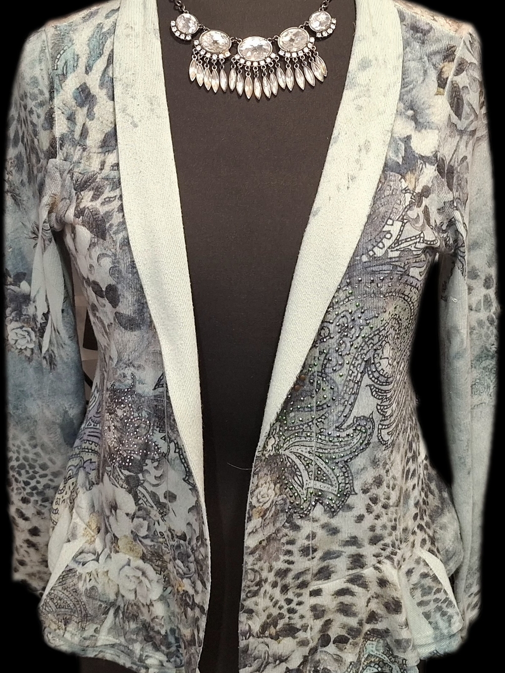 Embellished Floral & Animal Print Open Cardigan - Mint Gray